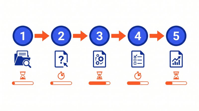 Frise chronologique horizontale représentant les 5 étapes d'analyse d'un DCE avec une indication visuelle de la durée estimée pour chacune.