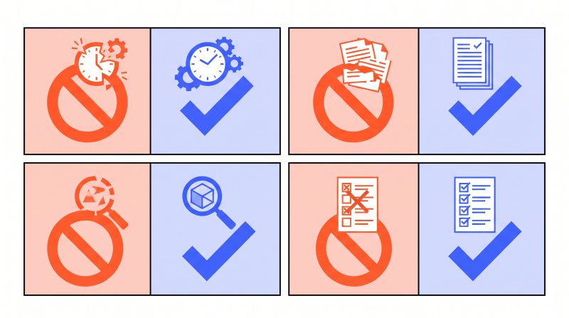 Infographie en 4 blocs comparatifs illustrant les 4 erreurs fréquentes lors de l'analyse d'un DCE, avec une icône d'erreur et une icône de bonne pratique dans chaque bloc.
