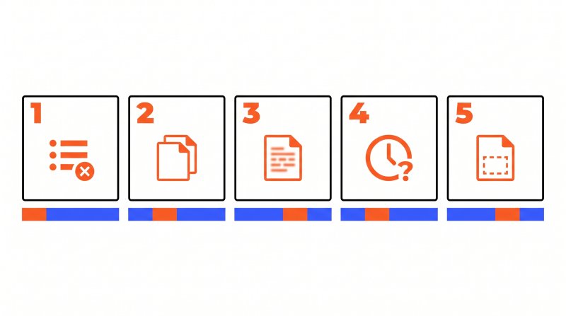 Infographie présentant les 5 erreurs éliminatoires dans un mémoire technique BTP : mauvais ordre des sous-critères, document générique, lisibilité insuffisante, délais non justifiés, pièces obligatoires manquantes — avec indication du sous-critère de notation impacté pour chacune
