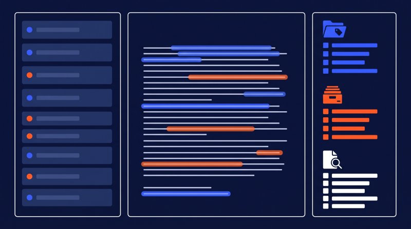 Illustration d'un dashboard d'outil d'analyse IA montrant trois panneaux : liste filtrée de marchés, extraction automatique de critères mis en surbrillance, et classification des pièces par catégorie.