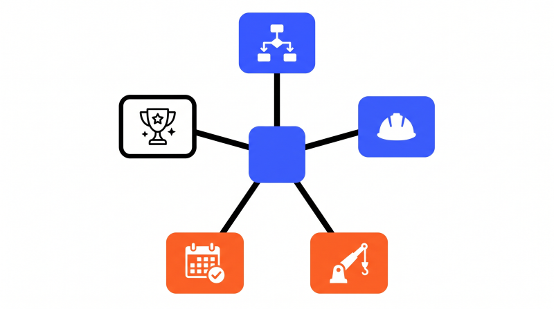 Diagramme en étoile illustrant les cinq composantes clés d'un mémoire technique BTP : méthodologie d'exécution, moyens humains, moyens matériels, références de chantiers similaires et planning prévisionnel.
