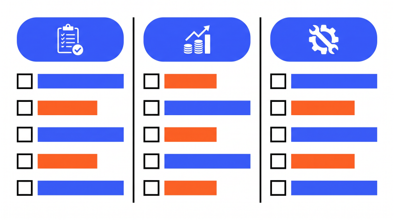 Infographie en trois colonnes représentant les 15 points de la checklist d'analyse d'un DCE, organisés en trois catégories thématiques : administrative et conformité, financière et contractuelle, et technique.